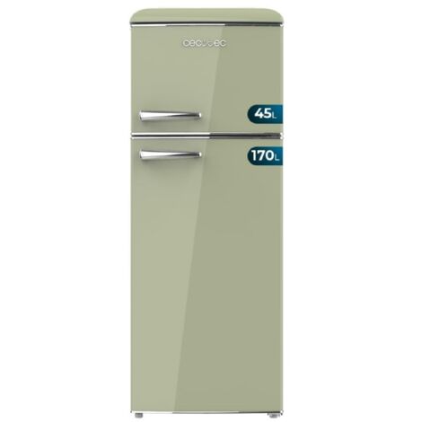 Cecotec Réfrigérateur 2 portes Retro de 215 L Bolero CoolMarket 2D Origin 215 Green E. Hauteur 148.2 cm et 55.2 cm de Largeur, LED, Poignée chromée, Plateaux en verre, Contrôle de Température, Vert