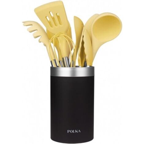 Cecotec Ustensiles de Cuisine de Silicone Polka Experience Vulcano. Set de 9 pièces Jaune, Revêtement Soft toucher et Poignée de Acier. Matériaux : Silicone, Nylon et PP, y compris le support Polka. (1/5)