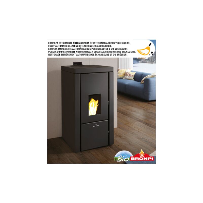 TERMOESTUFA MULTIFUEL PELLET-HUESO ACEITUNA BRONPI MODELO CARLOTA 21 KW NEGRO