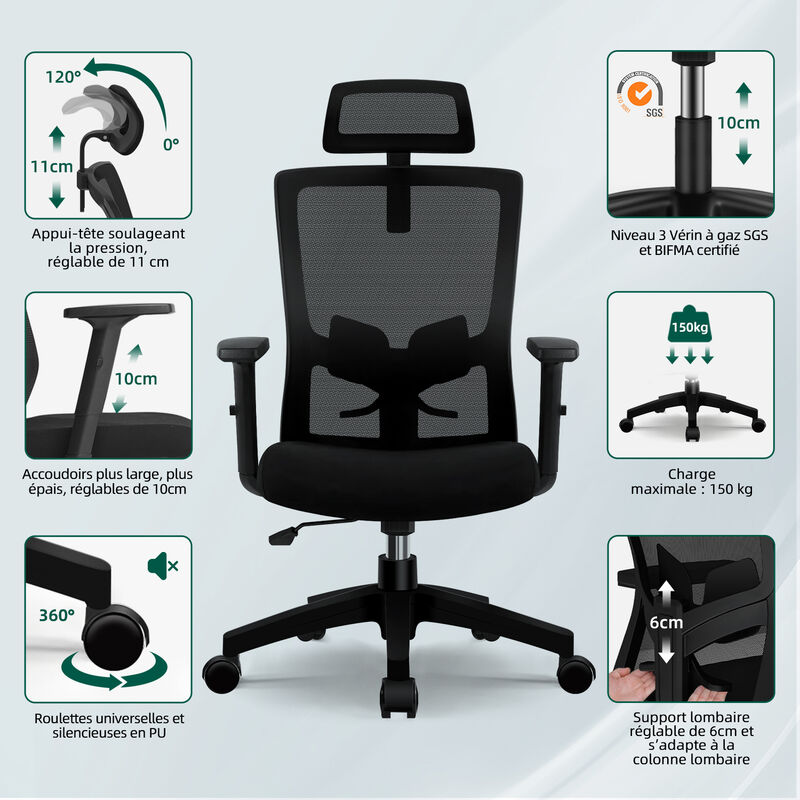 Devoko Chaise de Bureau Ergonomique - Charge maximale : 150 kg - Chaise  pivotante Confortable en Maille avec Appui