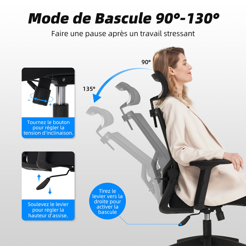 Dripex Chaise de Bureau Ergonomique, Fauteuil à Dossier Haut, Siege  d'Ordinateur avec Soutien Lombaire, Appui-tête Réglable, Accoudoir 2D,  Inclinaison 90°-135°, Confortable & Pivotante à 360°, Noir : :  Cuisine et Maison