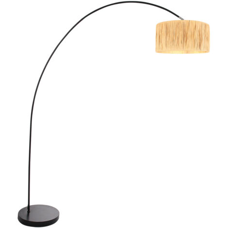 Lampadaire arc noir 185 cm avec abat-jour en herbe tressée – Portée 165 cm – Interrupteur intégré – Steinhauer