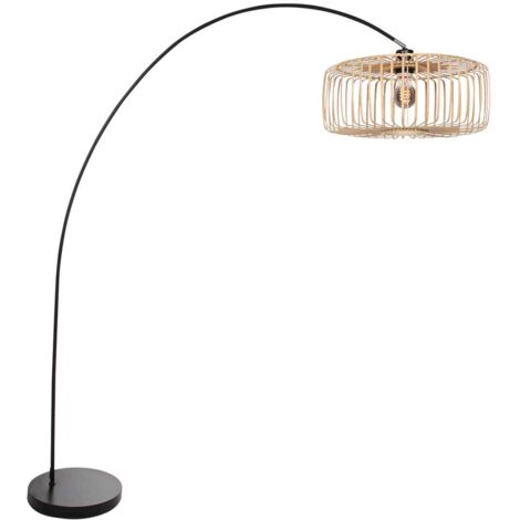 Lampadaire arc en métal noir – Abat-jour en bambou naturel 40 cm – Hauteur 185 cm – Douille E27 pour intérieur bohème – Mexlite