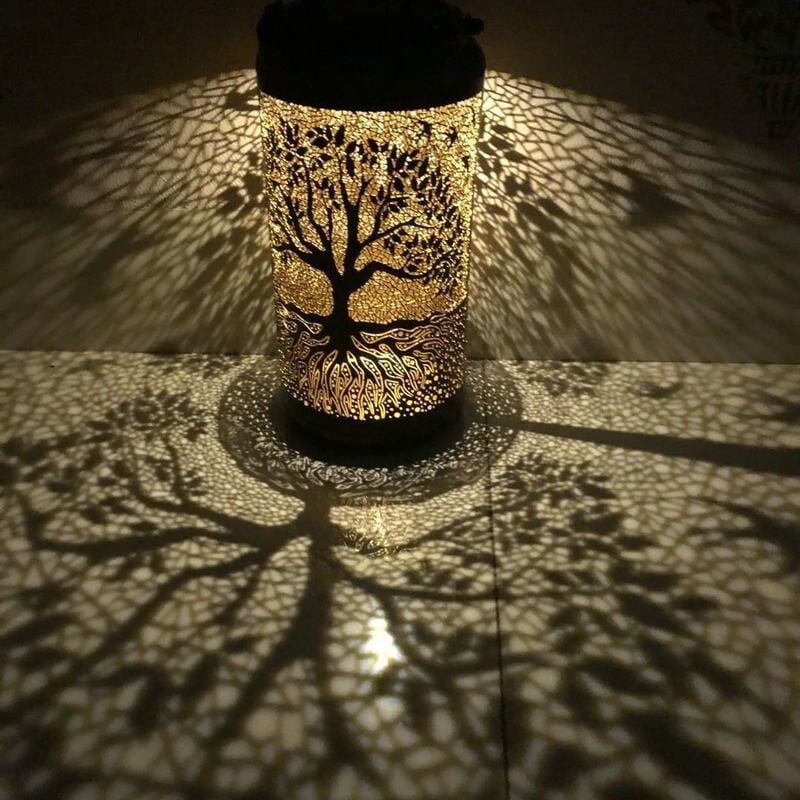 Wrought Iron Hollow Lantern with Solar Light Control Tree of Life,  Distressed Hollow Projection Wall Lamp for Garden Decor and Lighting