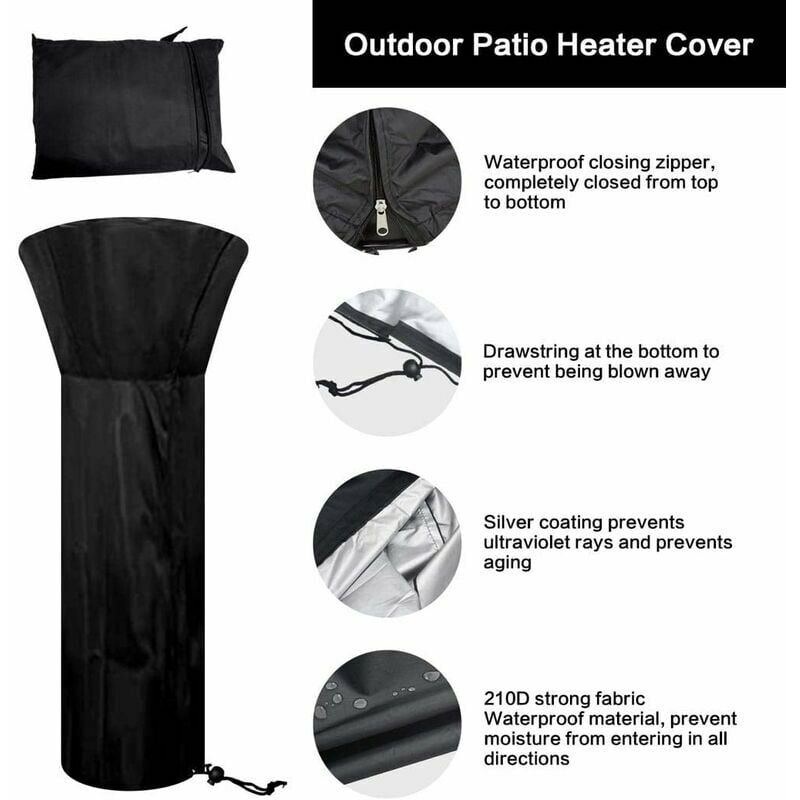 Heavy Duty Outdoor Heater Cover Heater Cover 210D Oxford Fabric Waterproof  Windproof UV Protective Heater Cover Black（226 X 85 X 48 CM）Suitable for a  Variety of Heaters