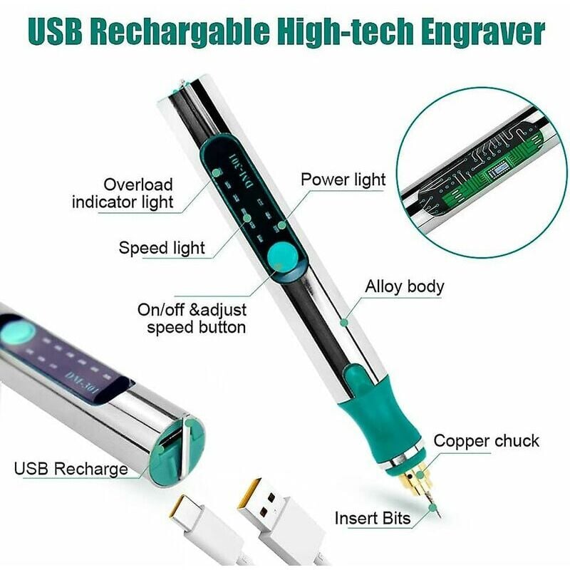 Electric Engraving Pen with 36 Bits USB Rechargeable Engraver Pen Kit  5000-18000r/min Cordless Nail Drill Machine Low Noise Engraving Pen Tool  with Power-Off Protection Portable for Wood Metal Stone 