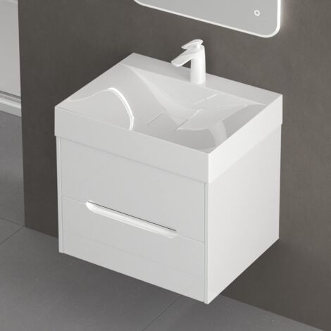 doporro Mobile Bagno Sospeso con Lavabo in Resina Minerale Set di Mobili da Bagno 60x56x48cm Bianco Mobiletto con Lavandino Bagno e 2 Cassetti Spaziosi Seria Yoga-Lackier