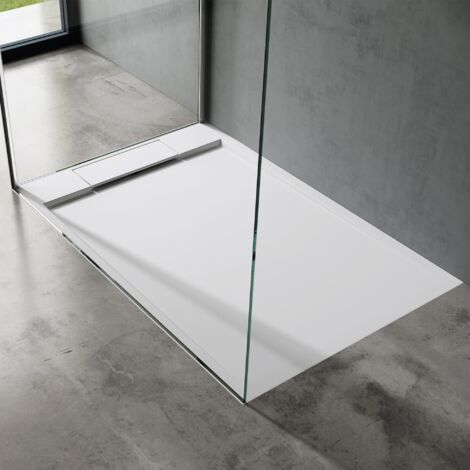 doporro Piatto Doccia Rettangolare in Marmoresina Effetto Pietra, Spessore 4 cm, Installazione Versatile, Scarico Laterale con Cover e Piletta(AL02), 90x120 cm, Bianco - Geoma04