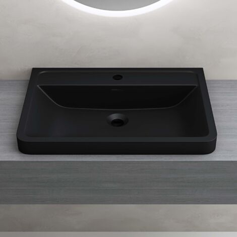 doporro Lavabo da Appoggio, Lavandino Bagno 90x48x14,5cm, Lavabo da Minerale Fuso Colossum08, Nero opaco