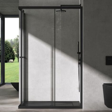 doporro Box Doccia 100x70cm, Box Doccia a Soffietto Cabina Bagno in Cristallo Trasparente con Porte Scorrevoli Ravenna16K Plus, Nero (1/5)