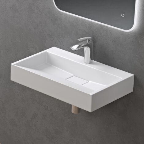 doporro Lavabo da Appoggio Bagno Sospeso Lavandino Rettangolare in Marmoresina con Piletta di Scarico Inclusa Colossum19, 50x38x11 cm Bianco Opaco Monoforo