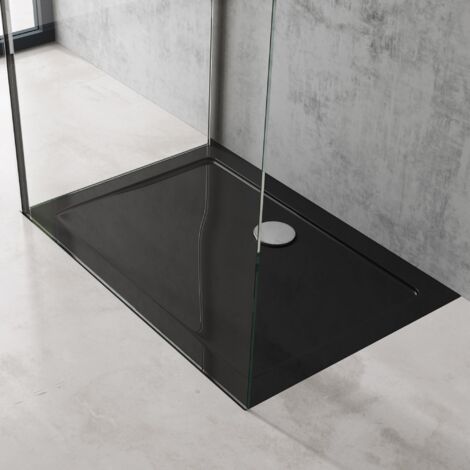 doporro Piatto Doccia Rettangolare in Acrilico Rinforzato, Ultrasottile 4 cm, Installazione da Appoggio o Filo Pavimento, Piletta di Scarico Inclusa (AL02) Nero Lucido 70x100 cm - Faro2