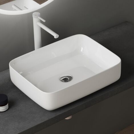 Lavabo Da Appoggio Ceramica 51x39,5cm - Bianco, Con Rivestimento Nano, Per Bagno Moderno