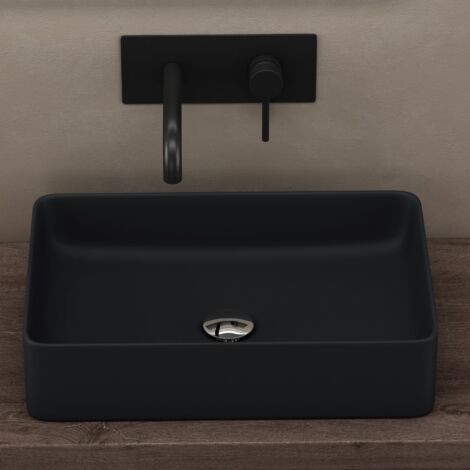 doporro Lavabo da Appoggio 58x38x13,5cm Lavandino Bagno Rettangolare in Ceramica Nero opaco Lavamani Lavello Moderno con Foro di Scarico e Rivestimento Nano per Guardaroba Bagno Brüssel105D