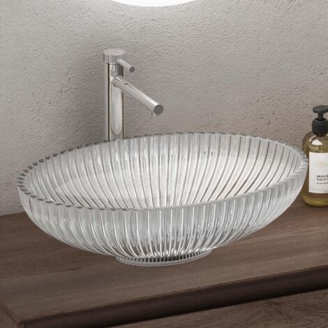 doporro Lavabo da Appoggio in Vetro Temperato Lavandino Bagno Ovale Lavello per Cucina WC Ospiti Design Moderno Artistico 50,5x35x14,5 cm Trasparente Minerva04