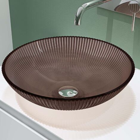doporro Lavabo da Appoggio in Vetro Temperato Lavandino Bagno Ovale Lavello per Cucina WC Ospiti Design Moderno Artistico 40x40x12 cm Caffè Minerva06