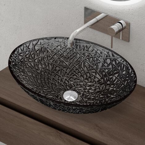 doporro Lavabo da Appoggio in Vetro Temperato Lavandino Bagno Ovale Lavello per Cucina WC Ospiti Design Moderno Artistico 50,5x36x15,5 cm Grigio Minerva05