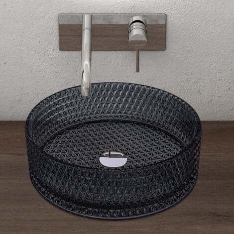 doporro Lavabo da Appoggio in Vetro Temperato Lavandino Bagno Rotondo 39 x 39 x 12 cm Grigio Lavello Design Artistico con Texture per Cucina WC Ospiti Minerva07