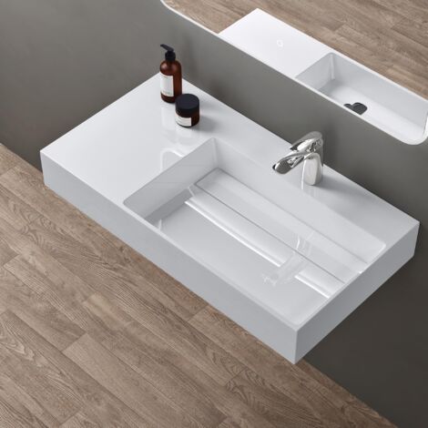 doporro Lavabo Bagno Sospeso Lavabo da Appoggio Rettangolare in Marmo Resina Bianco Lucido, Vasca a Destra 100x48x13 cm con 1 Foro Rubinetto e Piletta Scarico, Colossum12