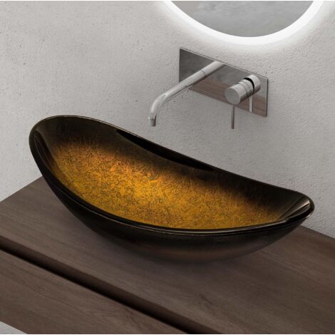 doporro Lavabo da Appoggio in Vetro Temperato Lavandino Bagno Ovale Lavello per Cucina WC Ospiti Design Moderno Artistico 53,5x35,5x16 cm Oro Nero Sfumato Minerva08
