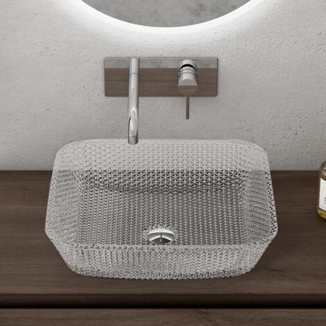 doporro Lavabo da Appoggio in Vetro Temperato Lavandino Bagno Quadrato 40 x 40 x 11 cm Trasparente Lavello Design Artistico con Texture per Cucina WC Ospiti Minerva03