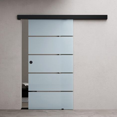 doporro Porta Scorrevole in Vetro Temperato 8 mm Opaco a Strisce, con Binario in Alluminio Finitura Nera, Soft-Close, 77,5x215 cm – Amalfi11H