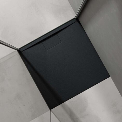 doporro Piatto Doccia Rettangolare in Marmoresina Effetto Pietra, Ultrasottile 3 cm, Installazione Versatile, Scarico Laterale con Cover e Piletta, 90x90 cm, Antracite - Geoma07