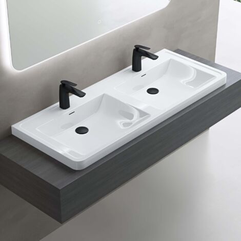 doporro Lavabo da Appoggio, Lavandino Bagno 120x48x14,5cm, Lavabo da Minerale Fuso Colossum08, Bianco lucido