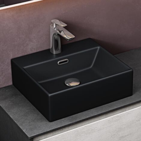 doporro Lavabo da Appoggio in Ceramica Rettangolare Lavandino Bagno Sospeso con Foro Rubinetto e Troppopieno 41x36x13cm Nero opaco Lavello con Rivestimento Nano Design Moderno Brüssel206