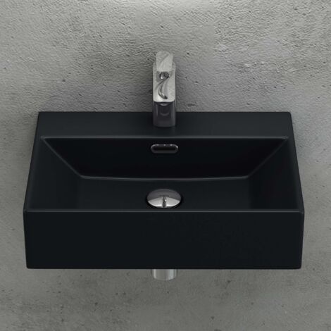 doporro Lavabo da Appoggio in Ceramica Rettangolare Lavandino Bagno Sospeso con Foro Rubinetto e Troppopieno 60x36x13cm Nero opaco Lavello con Rivestimento Nano Design Moderno Brüssel206