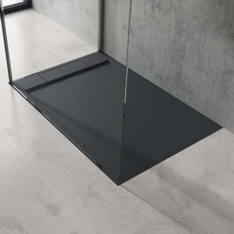 doporro Piatto Doccia Rettangolare in Marmoresina Effetto Pietra, Spessore 4 cm, Installazione Versatile, Scarico Laterale con Cover e Piletta(AL06), 90x100 cm, Antracite - Geoma04