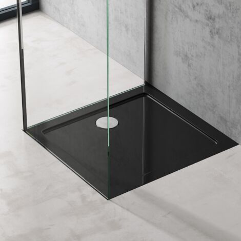 doporro Piatto Doccia Rettangolare in Acrilico Rinforzato, Ultrasottile 4 cm, Installazione da Appoggio o Filo Pavimento, Piletta di Scarico Inclusa (AL02) Nero Lucido 75x80 cm - Faro2