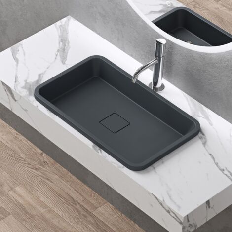 doporro Lavabo ad Incasso Soprapiano Lavandino bagno da Appoggio Rettangolare in Resina Minerale, Senza Foro Rubinetto, Piletta Inclusa, Colore Antracite Opaco 60x38x12 cm - Colossum104