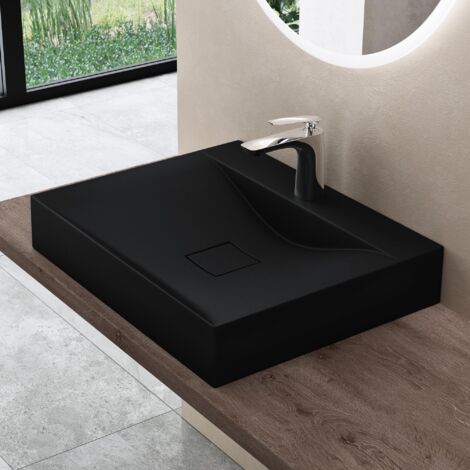 doporro Lavabo da Appoggio o Sospeso Rettangolare Lavandino Bagno con Foro per Rubinetto e Montaggio a Parete, 60x48x12 cm in Marmoresina Nero Opaco  - Colossum810
