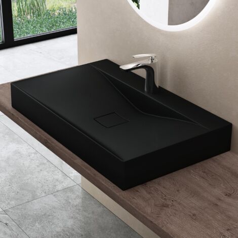 doporro Lavabo da Appoggio o Sospeso Rettangolare Lavandino Bagno con Foro per Rubinetto e Montaggio a Parete, 100x48x12 cm in Marmoresina Nero Opaco - Colossum810