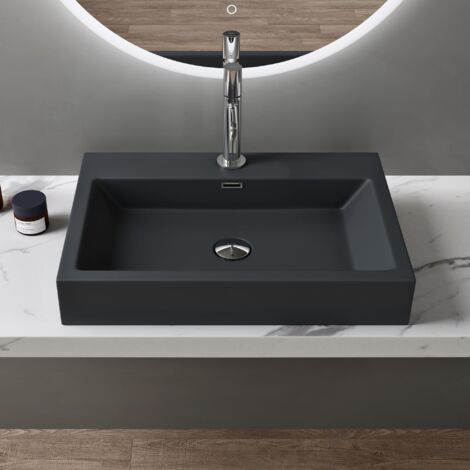 doporro Lavabo da Appoggio Rettangolare, Lavabo Bagno Sospeso con Foro Rubinetto e Troppopieno, Lavandino in Marmo Resina Antracite Opaco 60x42x10cm, Colossum06