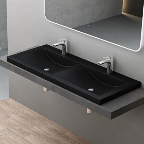 doporro Lavabo Doppio da Incasso per Bagno con 2 Fori Rubinetto e Troppopieno in Marmoresina Nero 120x48x12 cm - Colossum03