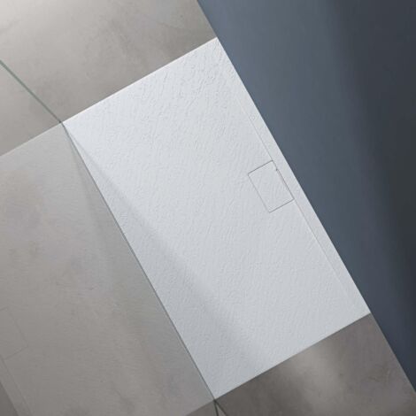 doporro Piatto Doccia Rettangolare in Marmoresina Effetto Pietra, Ultrasottile 3 cm, Installazione Versatile, Scarico Laterale con Cover e Piletta, 80x140 cm, Bianco - Geoma07