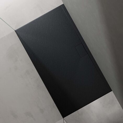 doporro Piatto Doccia Rettangolare in Marmoresina Effetto Pietra, Ultrasottile 3 cm, Installazione Versatile, Scarico Laterale con Cover e Piletta, 90x160 cm, Antracite - Geoma07