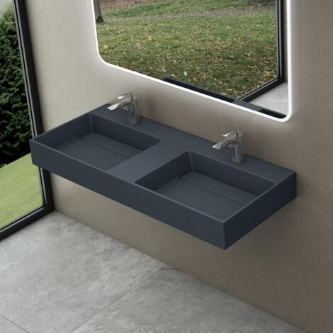 doporro Lavabo doppio Sospeso Lavabo da Appoggio Rettangolare in Marmo Resina Antracite Opaco, Vasca Doppia 160x48x13 cm con 2 Fori Rubinetto e Piletta Scarico, Colossum12