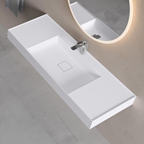 doporro Lavabo da Appoggio Rettangolare Lavabo Bagno Sospeso incl. Set di Scarico e Foro per Rubinetto Lavandino Bagno in Resina Minerale 120x46x12cm Bianco Opaco Colossum630