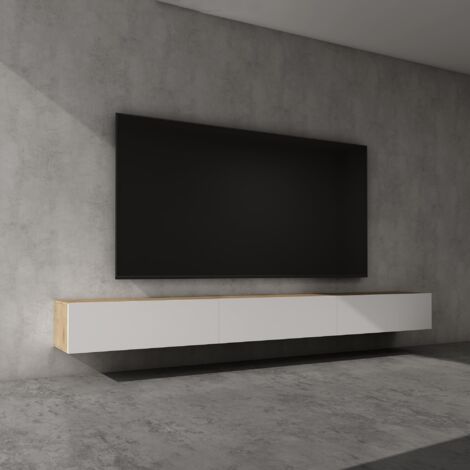 doporro Mobile Porta TV Sospeso 300 cm con 4 Ante Marrone Chiaro e Bianco Opaco, Credenza Bassa da Soggiorno Salotto, Madia Consolle Bicolore per TV Fernsehschrank02