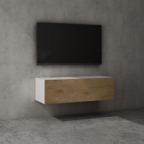 doporro Mobile Porta TV Sospeso 100 cm con Anta Bianco Opaco e Marrone Chiaro, Credenza Bassa da Soggiorno Salotto, Madia Consolle Bicolore per TV Fernsehschrank02