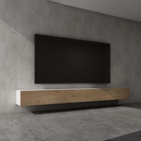 doporro Mobile Porta TV Sospeso 300 cm con 4 Ante Bianco Opaco e Marrone Chiaro, Credenza Bassa da Soggiorno Salotto, Madia Consolle Bicolore per TV Fernsehschrank02