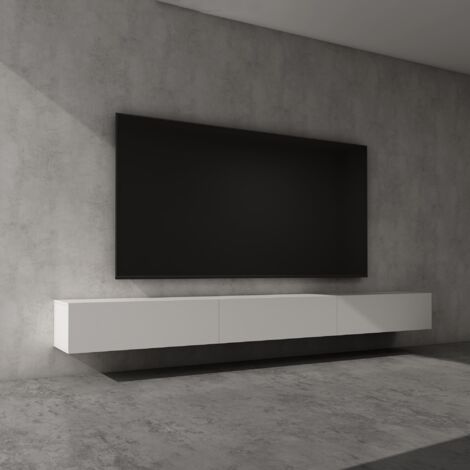 doporro Mobile Porta TV Sospeso 300 cm con 4 Ante Bianco Opaco, Credenza Bassa da Soggiorno Salotto, Madia Consolle per TV Fernsehschrank02