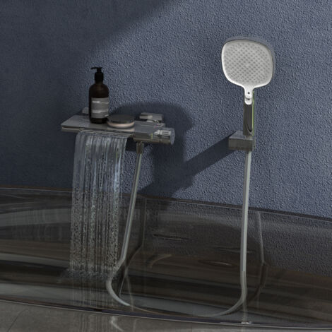 doporro Rubinetto Vasca da Parete con Doccetta 3 Funzioni, Miscelatore Vasca da Bagno a Cascata in Ottone Massiccio, Controllo Termico, DSN-403 Silber