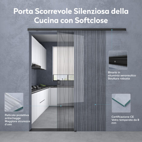 doporro Porta Scorrevole in Vetro Temperato 8 mm Finitura Nero Opaco Spazzolato 102,5 x 205 cm con Pellicola di Sicurezza, Maniglia Quadrata Muranino-001 (1/5)