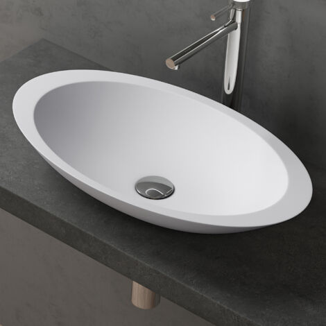 doporro Lavabo da Appoggio Lavandino Bagno Ovale in Marmoresina Bianco Opaco 60 cm Colossum802