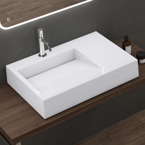 doporro Lavabo da Appoggio Rettangolare, Lavabo Sospeso con Foro Rubinetto in Marmo Resina Bianco Lucido 75x50x13cm, Lavandino Bagno Colossum11-750