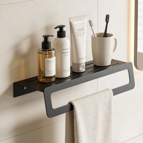 doporro Mensola da Parete Multifunzionale, Mensola per Doccia in Metallo con Portasciugamani Mensola da Appendere per Bagno o Cucina, Nero, Tavrin-04